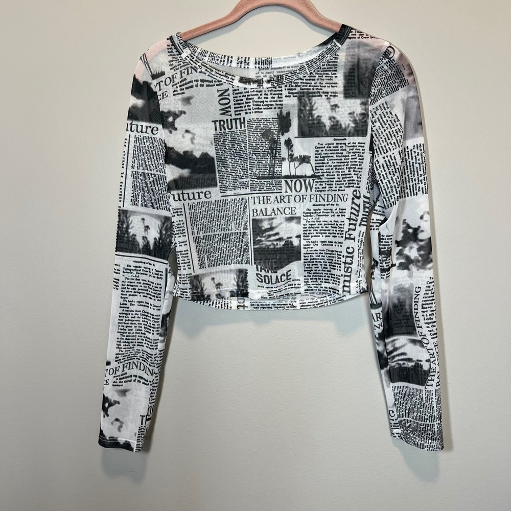 Women's Newspaper Print Mesh Long Sleeve Crop Top Black White Y2K Sheer Tee